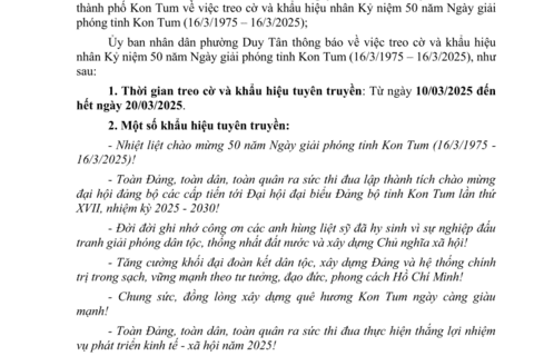 Thông báo về việc treo cờ và khẩu hiệu nhân Kỷ niệm 50 năm Ngày giải phóng tỉnh Kon Tum (16/3/1975 – 16/3/2025)